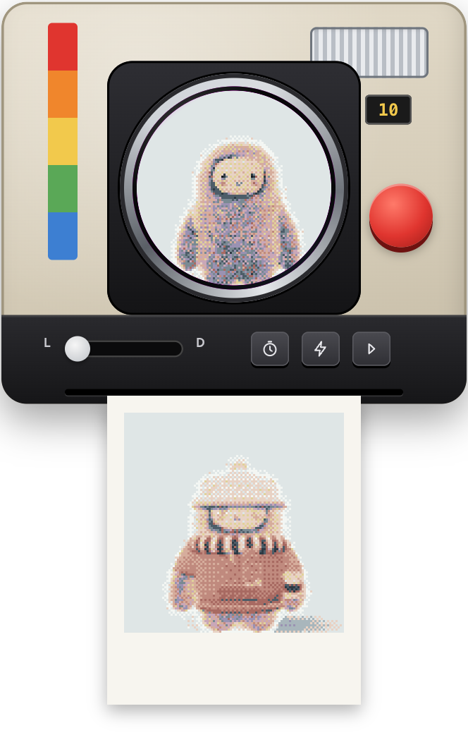 The instant camera with a developed photo